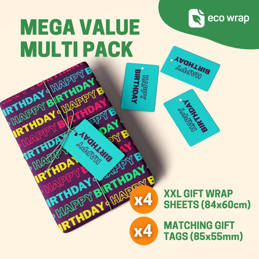 4 x Neon Birthday Wrapping Paper - HUGE 84cm x 60cm Eco Friendly Premium Recyclable Gift Wrap for Men, Women, Boys or Girls (4 Sheets & 4 Tags) - Image 8