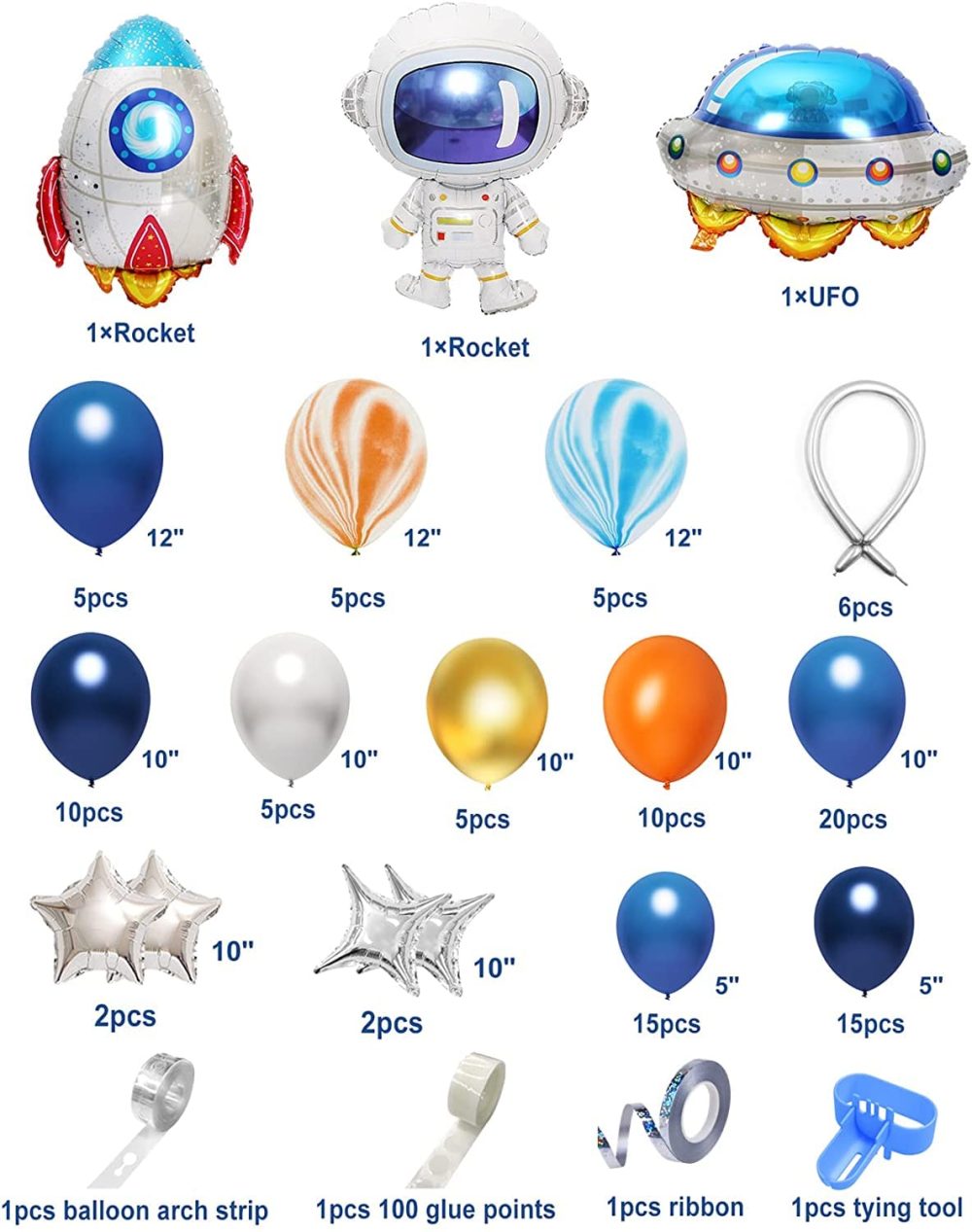 112 PCS Outer Space Blue Balloons Arch Garland Kit, Space Astronaut Balloons Party Decorations UFO Rocket Navy Blue Orange Silver Foil Latex Balloons Party Supplies for Boys Kids Birthday Baby Shower - Image 7