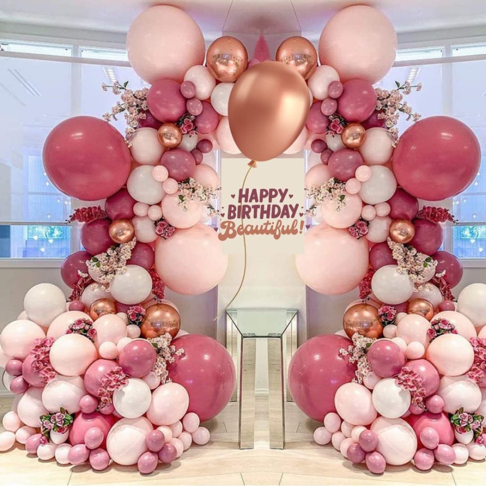 AL-Mustarziq Pink Balloons Arch Kit With Balloon Pump - 147pc Balloon Garland With Rose Gold-Pink Balloons of Different Sizes, Birthday Banner, Arch Tape & Glue Dots For Girls Womens Birthday