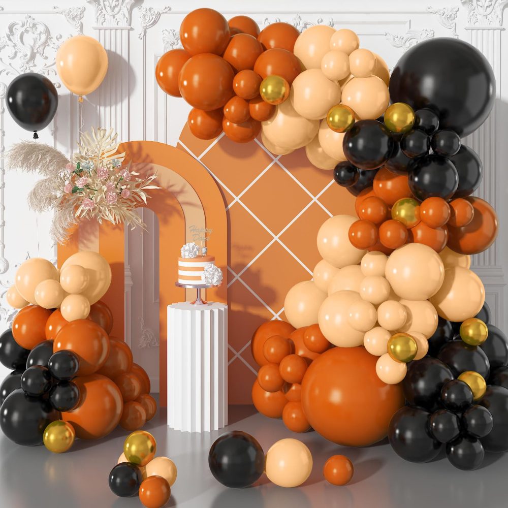 Black Orange Balloons Arch Kit, Black Brunt Orange and Apricot Balloon Garland Kit, BLack Orange Beige and Metallic Gold Latex Balloons Set for Boho Birthday Baby Shower Halloween Party Decorations