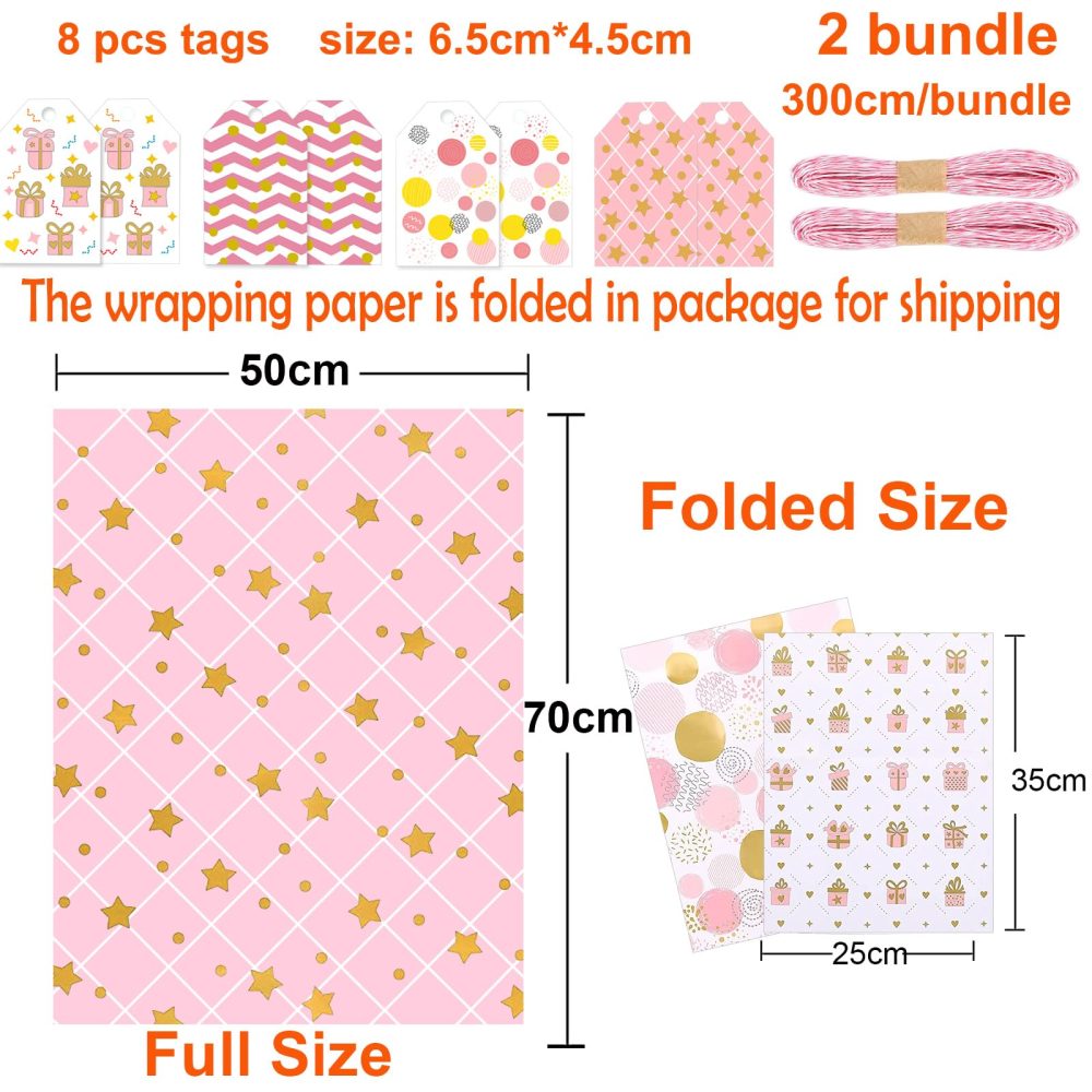 Jatidne 12 Sheets Pink Wrapping Paper with Matching Tags Girls Wrapping Paper Birthday Recyclable Gift Wrap - Image 6