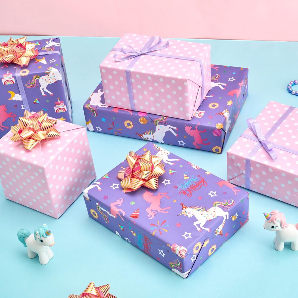 Unicorn Reversible Wrapping Paper Roll - 1 Roll 43,2cm x 10m Happy Birthday Wrapping Paper Roll Kids Unicorn Birthday Gift Wrap Roll Girls Wrapping Paper Polka Dot Design Unicorn Party Favor - Image 5