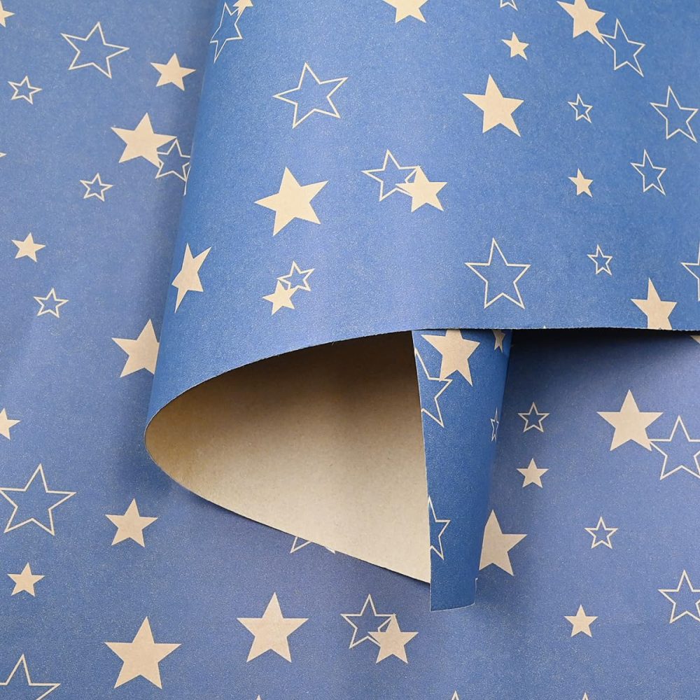 43cm*15m Blue Kraft Wrapping Paper Roll,Topeedy Star Recycle Gift Wrapping Paper for Xmas Birthday Halloween Graduation Festival -Star - Image 8