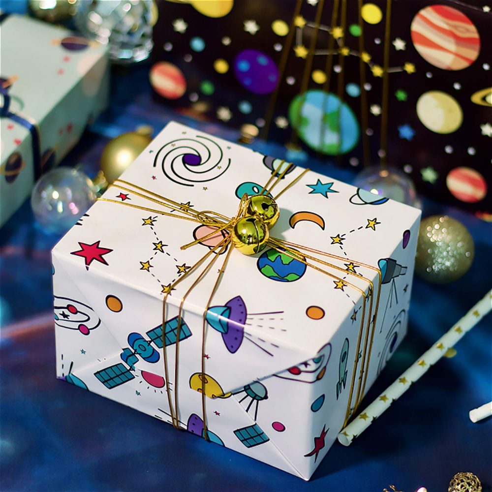 PLULON 6 Sheets Gift Wrapping Paper Birthday, Boys Outer Space Design Wrapping Paper for Kids Present Birthday Party and Baby Shower (Outer space/6 sheets) - Image 5