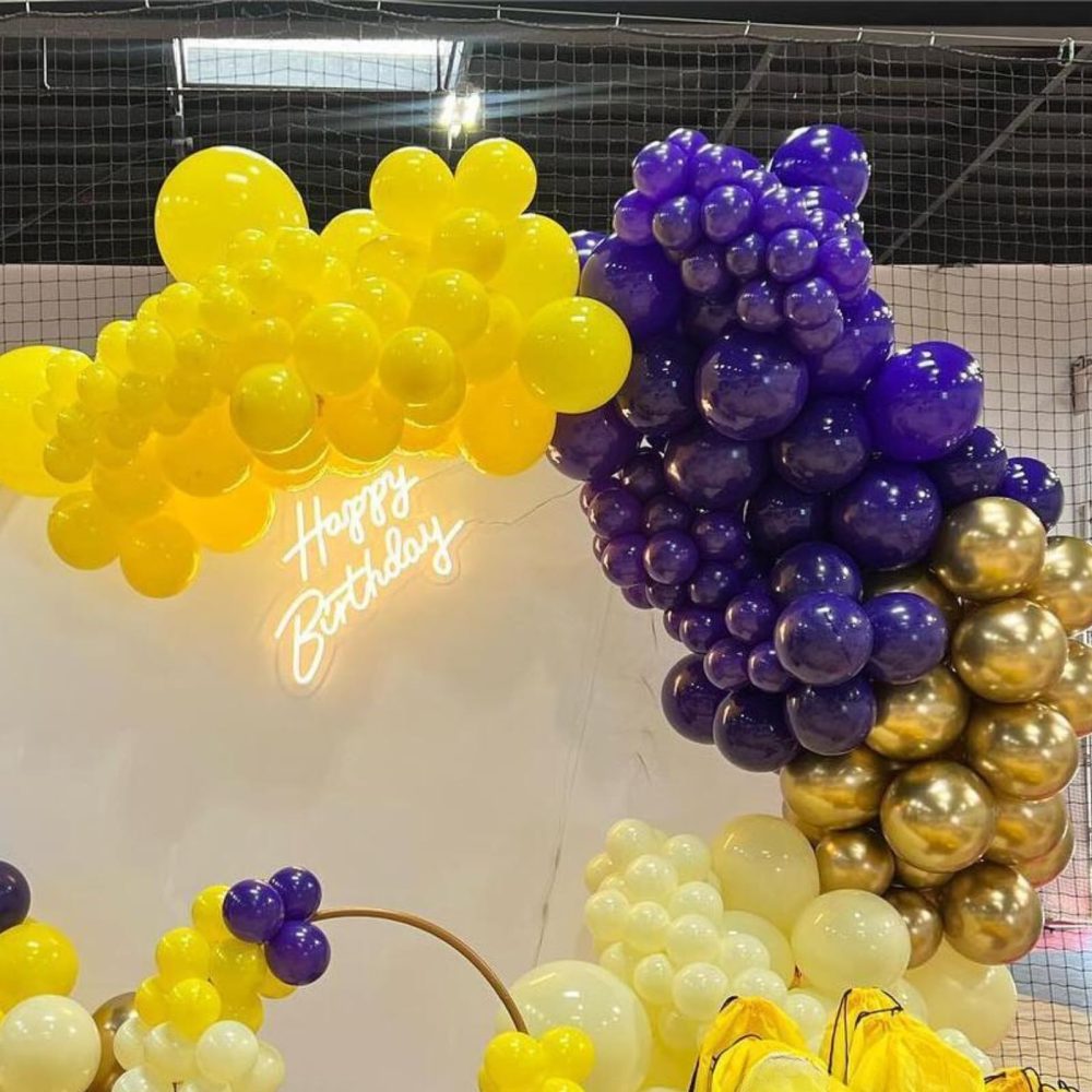 Purple and Yellow Balloon Arch Kit, 108 Pcs Yellow and Purple Arch Kit with Dark Metallic Purple Confetti Latex Balloons Star Foil for Boys Sport Theme Basketball Birthday Graduation Party Decorations - Image 5
