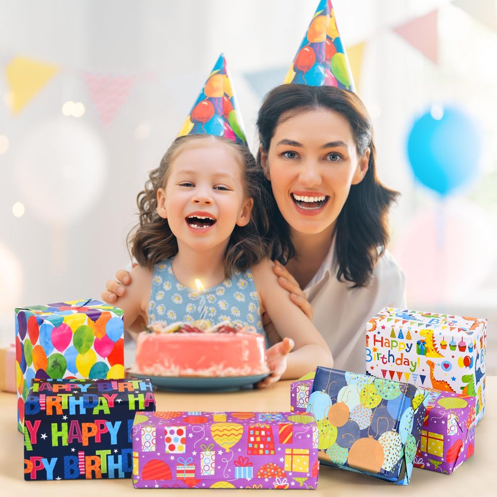 Birthday Wrapping Paper Roll, 5 Rolls 43cm x 3M Gift Wrapping Paper for Boys, Girls, Kids - Perfect for Birthdays, Parties & Graduation - Image 3