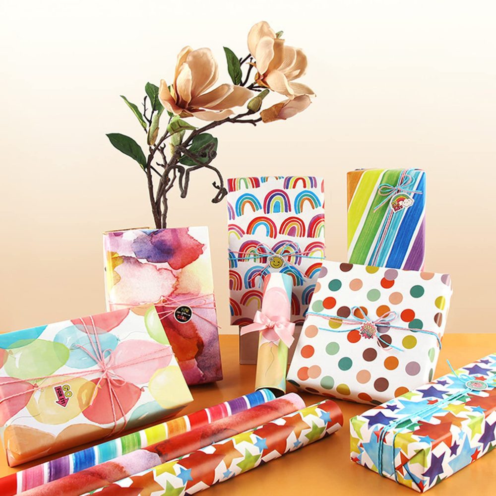 Jatidne 12 x Birthday Wrapping Paper Sheets Recyclable Gift Wrap Colorful Rainbow Wrapping Paper 70cm x 50cm Recycled Paper Folded - Image 2