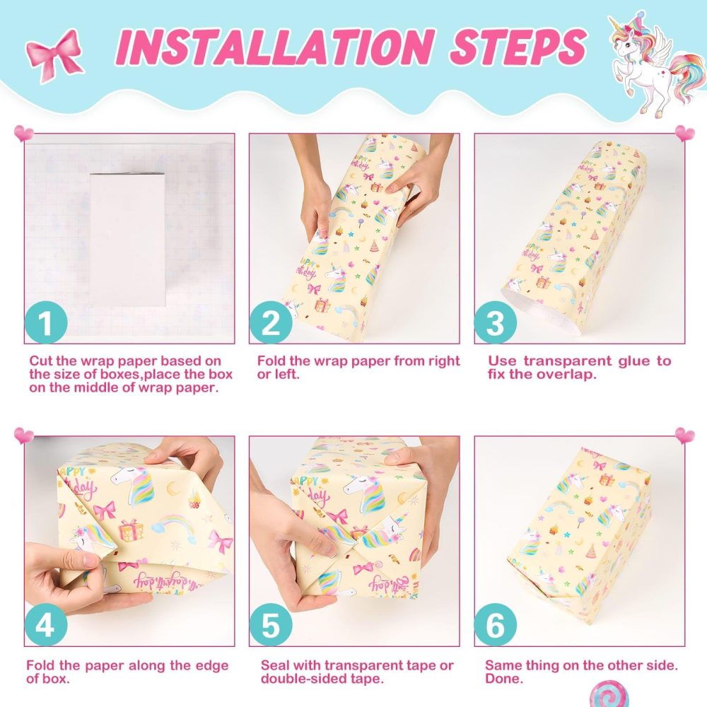 WERNNSAI Unicorn Wrapping Paper Rolls - 3 Rolls 43 x 305cm Unicorn Birthday Wrapping Paper Rolls Pink Unicorn Rainbow Gift Wrap Paper Girls Wrapping Paper Rolls Kids Bday Gift Wrap with Cutting Line - Image 2