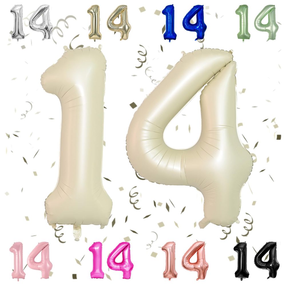 40 Inch Beige 14 Number Balloons,Cream 1 & 4 Mylar Foil Large Balloons,14 Big Digit Number Balloon for Girls Boys 14th Birthday Anniversary Decorations Graduation Party Supplies