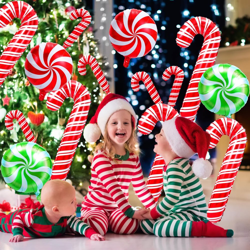 HOWAF Christmas Foil Balloons, 15Pcs Large Candy Cane Balloons Red Green Christmas Round Swirl Candy Foil Balloons Xmas Candy Helium Balloons for Candies Theme Birthday Party Christmas Decorations - Image 5