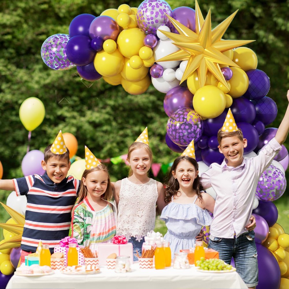 Purple and Yellow Balloon Arch Kit, 108 Pcs Yellow and Purple Arch Kit with Dark Metallic Purple Confetti Latex Balloons Star Foil for Boys Sport Theme Basketball Birthday Graduation Party Decorations - Image 3