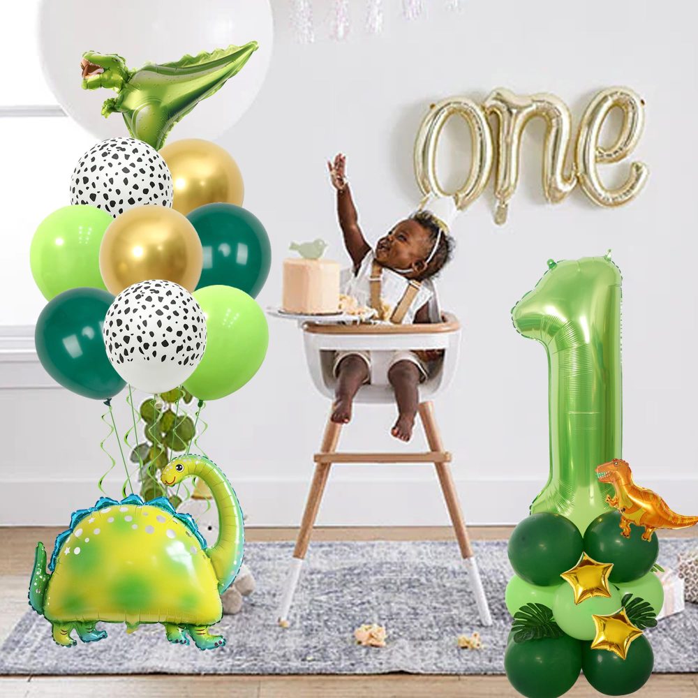 1st Birthday Decorations Dinosaur Balloons - 32 Pieces Dinosaur Birthday Party Decor Dinosaur Foil Balloon Number 1 Star Balloon Green Latex Balloon for Kids Boys Birthday Party Jungle Themed Party - Image 2