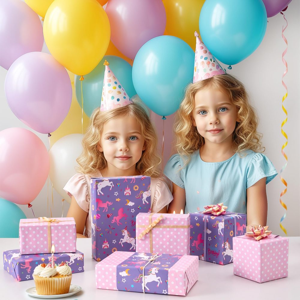 Unicorn Reversible Wrapping Paper Roll - 1 Roll 43,2cm x 10m Happy Birthday Wrapping Paper Roll Kids Unicorn Birthday Gift Wrap Roll Girls Wrapping Paper Polka Dot Design Unicorn Party Favor - Image 2