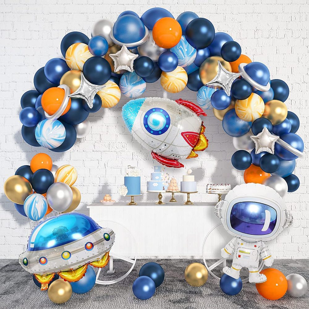 112 PCS Outer Space Blue Balloons Arch Garland Kit, Space Astronaut Balloons Party Decorations UFO Rocket Navy Blue Orange Silver Foil Latex Balloons Party Supplies for Boys Kids Birthday Baby Shower