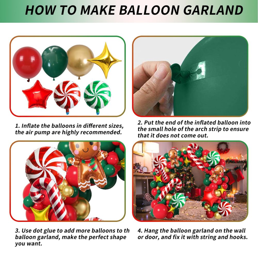 Christmas Balloon Arch Kit Red Green Gold Latex Balloons Garland Large Gingerbread Man Red Green Windmill Mini Crutch Foil Balloons with Four/Five Pointed Star for Xmas New Year Party Decortaion - Image 2