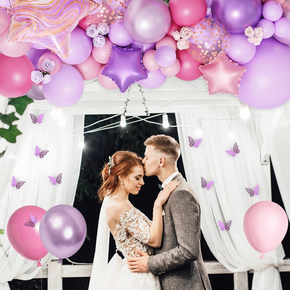 180Pcs Pink Purple Balloon Arch Kit 12 Hollow Butterfly Sticker Bitrthday Purple Pink Party Decoration for Girls Woman Star Foil Balloon Butterfly Decoration for Baby Shower Weeding Party Decor - Image 3