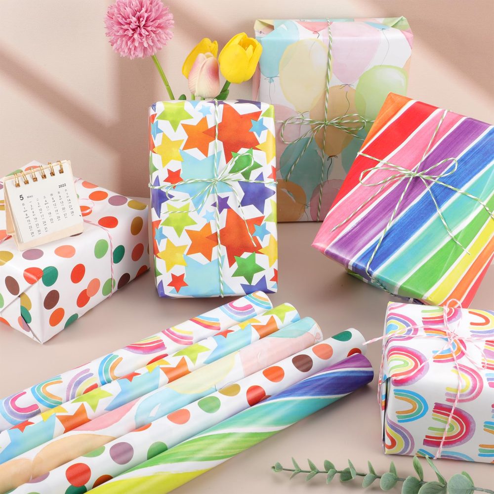 Wrapping Paper, 5 Packs 43 cm x 300 cm Wrapping Paper Birthday Roll Recyclable Rainbow Gift Wrap Paper Colored Stripe Wrapping Paper Mini Paper Rolls for Birthday Wedding Baby Shower - Image 2
