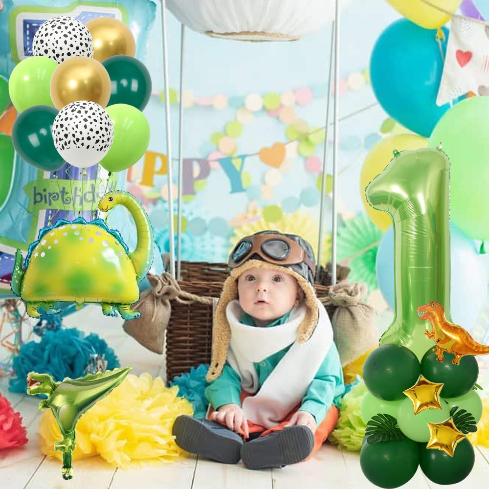 1st Birthday Decorations Dinosaur Balloons - 32 Pieces Dinosaur Birthday Party Decor Dinosaur Foil Balloon Number 1 Star Balloon Green Latex Balloon for Kids Boys Birthday Party Jungle Themed Party - Image 4