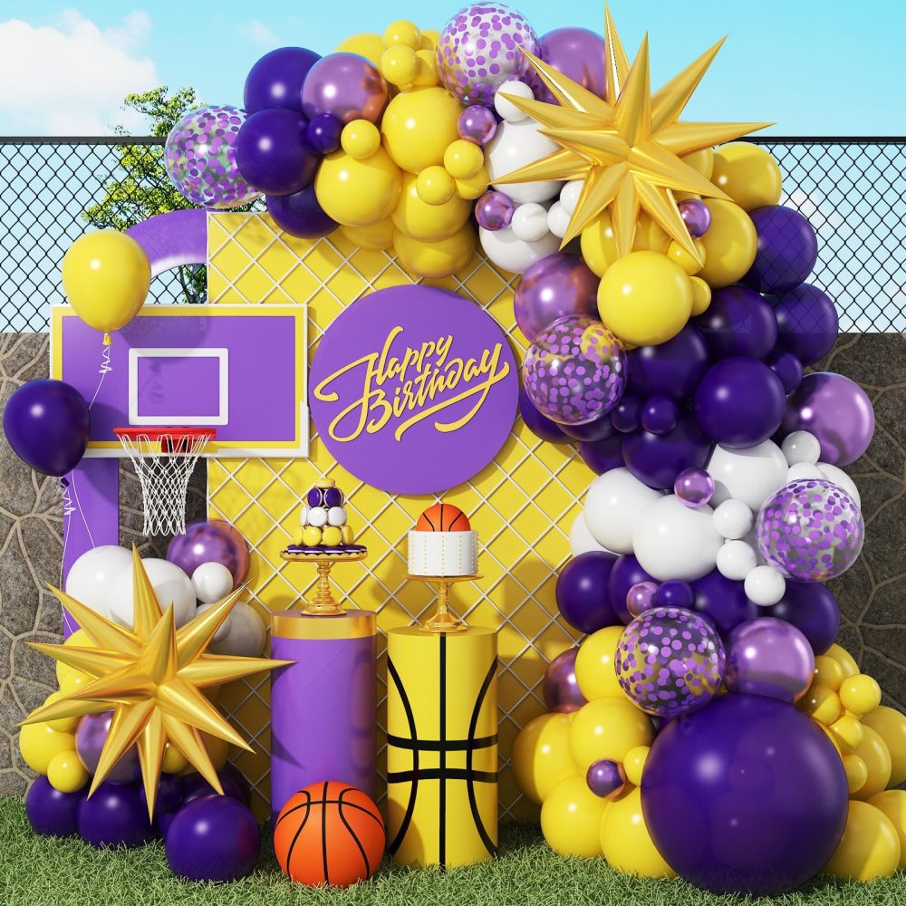 Purple and Yellow Balloon Arch Kit, 108 Pcs Yellow and Purple Arch Kit with Dark Metallic Purple Confetti Latex Balloons Star Foil for Boys Sport Theme Basketball Birthday Graduation Party Decorations