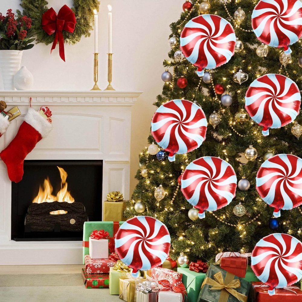 Christmas Foil Balloons, 9 Pieces 18 Inch Red Christmas Candy Round Swirl Mylar Foil Balloons with Ribbon, Large Xmas Candy Helium Balloons for New Year Holiday Candy Theme Birthday Party Decorations - Image 3