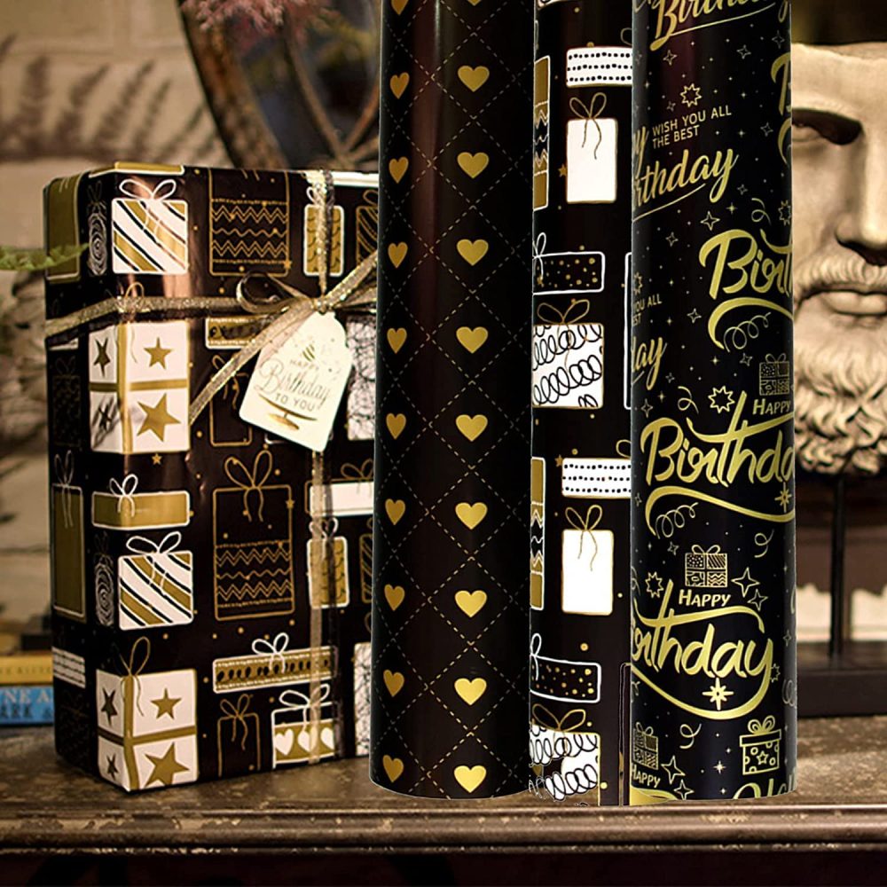 Gift Wrapping Paper Set 6 Sheets 3 Styles Happy Birthday Wrapping Paper Roll with 2 Rolls 5M Gold Silk Ribbon Black Gold Wrapping Paper Sheets 70 × 50cm - Image 2