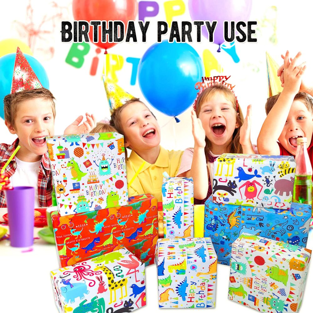Kids Birthday Wrapping Paper for Boys Dinosaur Wrapping Paper Sheets-Animals Gift Wrapping Paper Birthday Gift Wrap for Boys,Girls,Childrens,Baby Boys Wrapping Paper-Eco Happy Birthday Gift Wrap Paper - Image 3