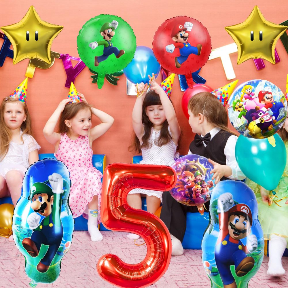 9 PCS Ma-rio Foil Balloons, 5th Birthday Party Decorations, Super Ma-rio Party Decorations Include Number 5 Foil Balloon, Star Balloons, Round Balloons for Kids Birthday Party - Image 7