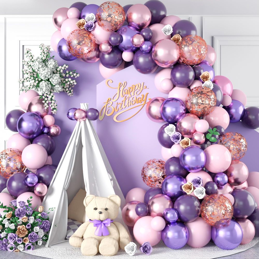 Dusty Purple Pink Balloon Arch Garland Kit, Dusty Dark Purple Pastel Pink Metallic Pink Purple Rose Gold Confetti Balloon Arch Kit for Women Girls Birthday Wedding Baby Bridal Shower Party Decorations