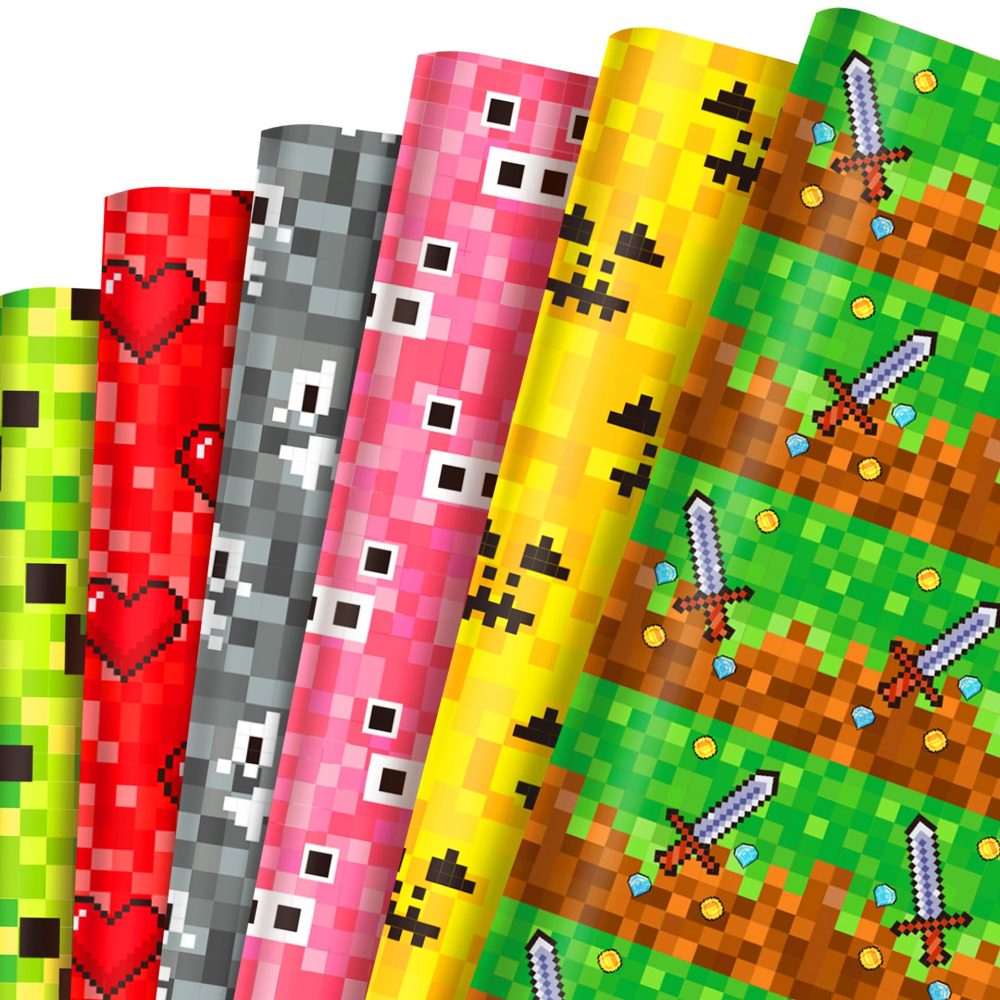 Mine-craft Wrapping Paper 6PCS Aiceenza 50cmx70cm Birthday Gift Wrapping Paper Durable Surprises Gift Wrap Pack for Kids Birthday Recyclable Gift Wrapping Paper for Festive Decoration