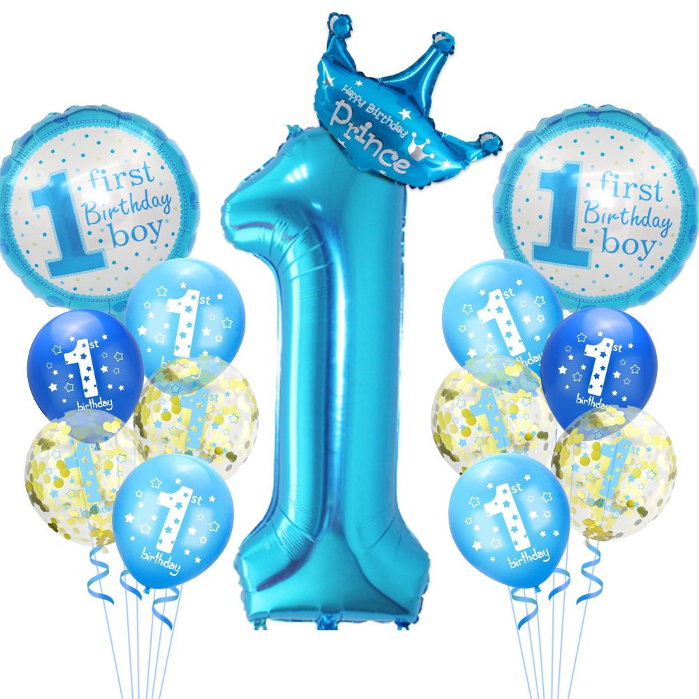 1st Birthday Balloon Set, 19pcs Birthday Balloons Set Of Large Number 1 Balloon, Crown Balloon, Foil Balloon, Latex Balloons, 1st Birthday Decorations for Boys