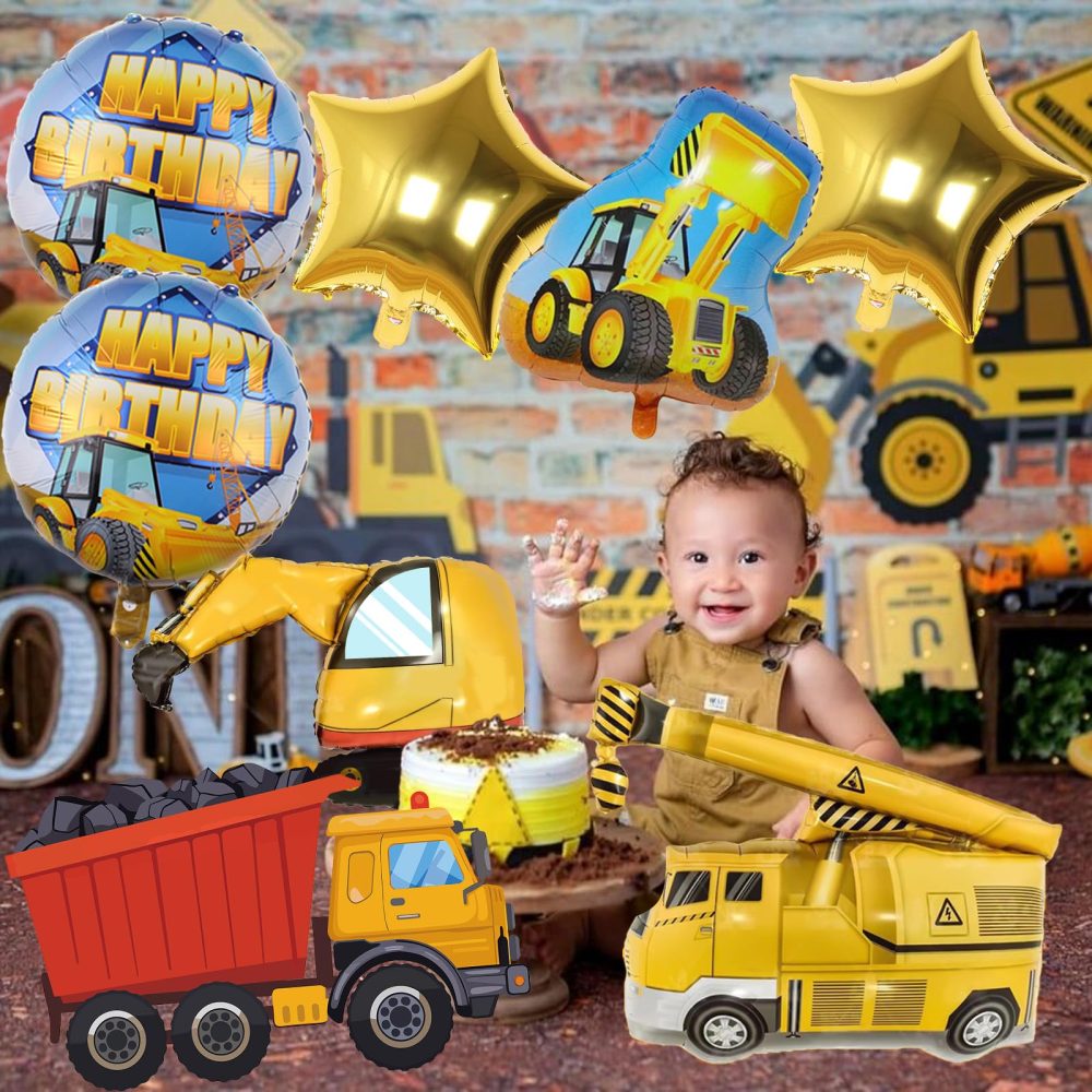 Teslite Construction Balloons 1 Year Old, 9Pcs Party Supplies with 40 Inch Gold Number Balloons, Large Digger Set, Happy Birthday Foil for Boys 1st Decorations - Image 5