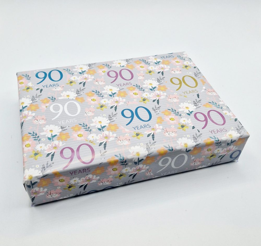 2 Sheets 2 Tags 90th Birthday Silver Grey Elegant Ladies Wrapping Paper Flowers Background 90 Years Female Giftwrap (PA)