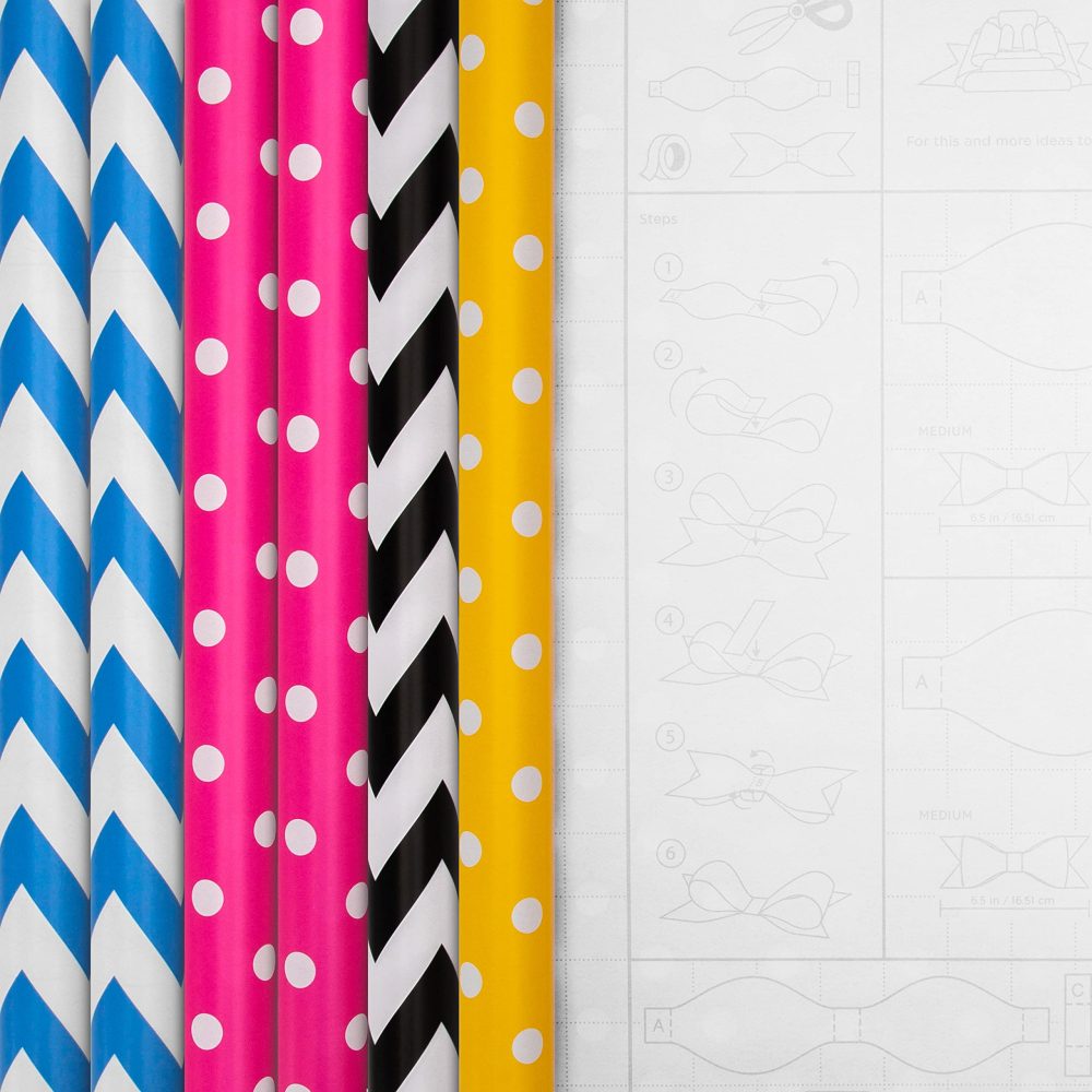 Hallmark Wrapping Paper, Roll Wrap, Pack of 6, 4 Colours, Pink, Yellow, Blue, Black, Polka Dot and Zig Zags, 2M Each - Image 2