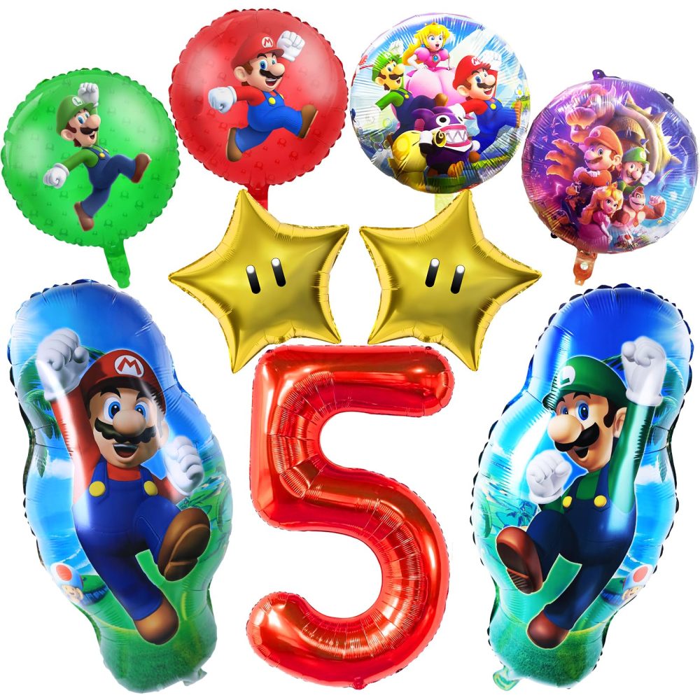9 PCS Ma-rio Foil Balloons, 5th Birthday Party Decorations, Super Ma-rio Party Decorations Include Number 5 Foil Balloon, Star Balloons, Round Balloons for Kids Birthday Party