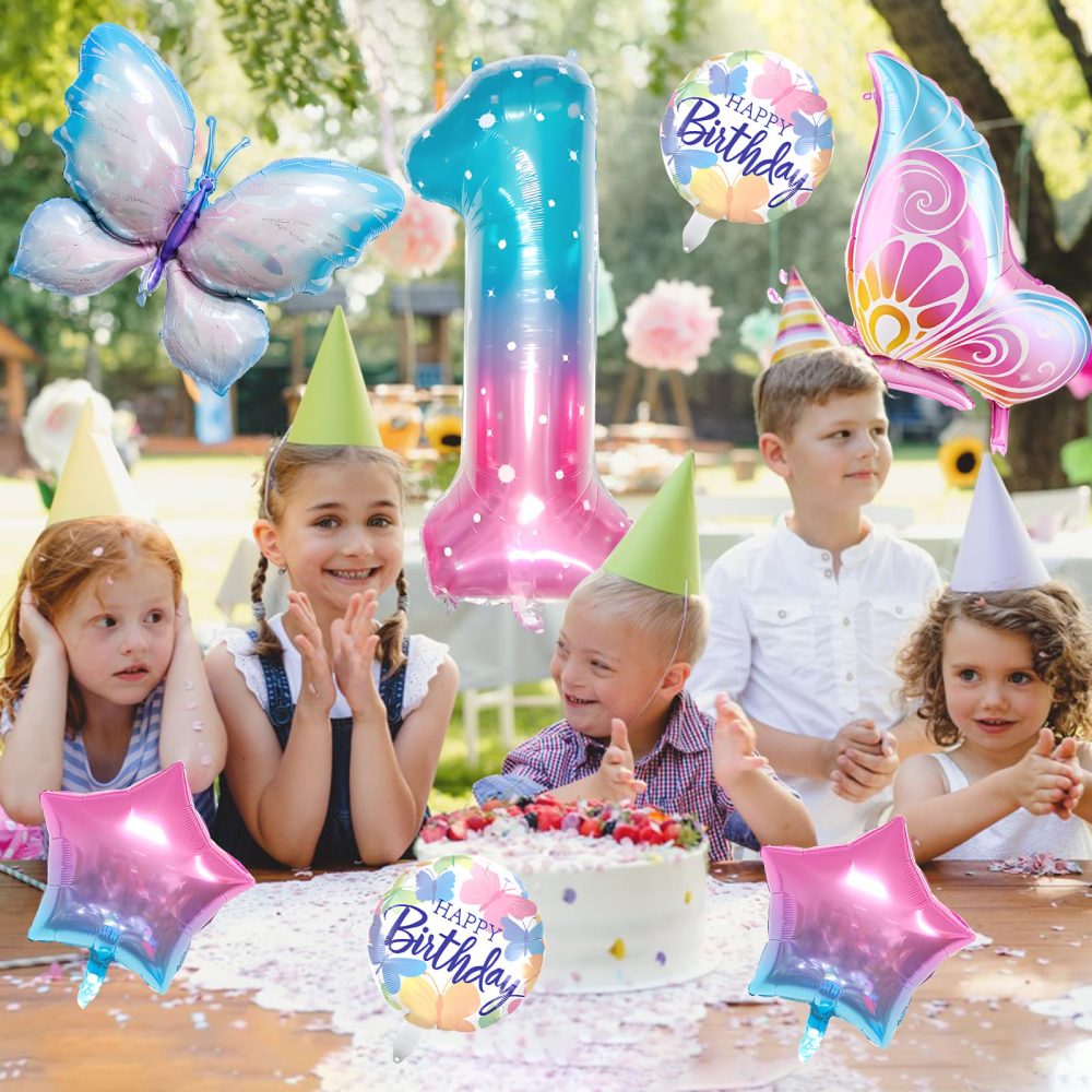 Jiusely Age 1 Birthday Decorations for Girls, Number 1 Butterfly Balloons, 1-6 Gradient Birthday Balloons, 1 Birthday Butterfly Theme Party Supplies, Butterfly Foil Balloon Birthday Girl Decoration - Image 4