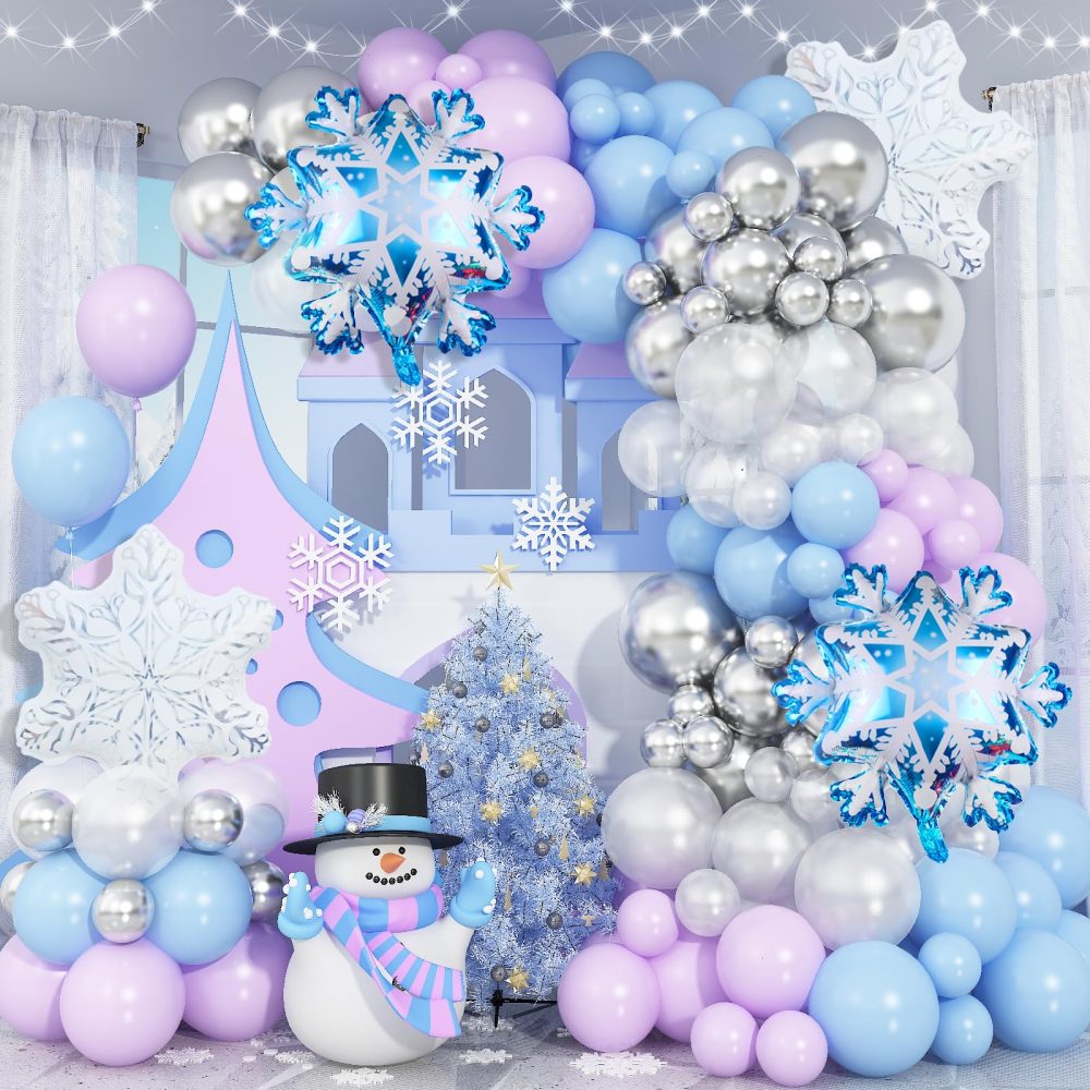 Frozen Balloon Arch Garland Kit, 141Pcs Pastel Purple Blue White Metallic Silver Winter Wonderland Balloon Arch with Snowflake Foil Balloon for Frozen Birthday Party Christmas Princess Decorations