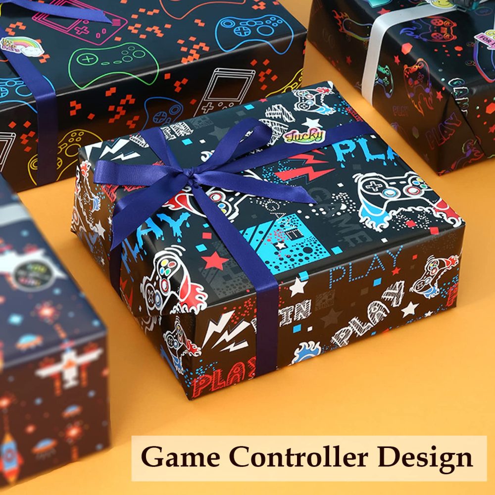 Jatidne Gaming Wrapping Paper with Gift Tags Boys Gift Wrap for Birthday Present Recyclable Paper 6 Sheets - Image 5