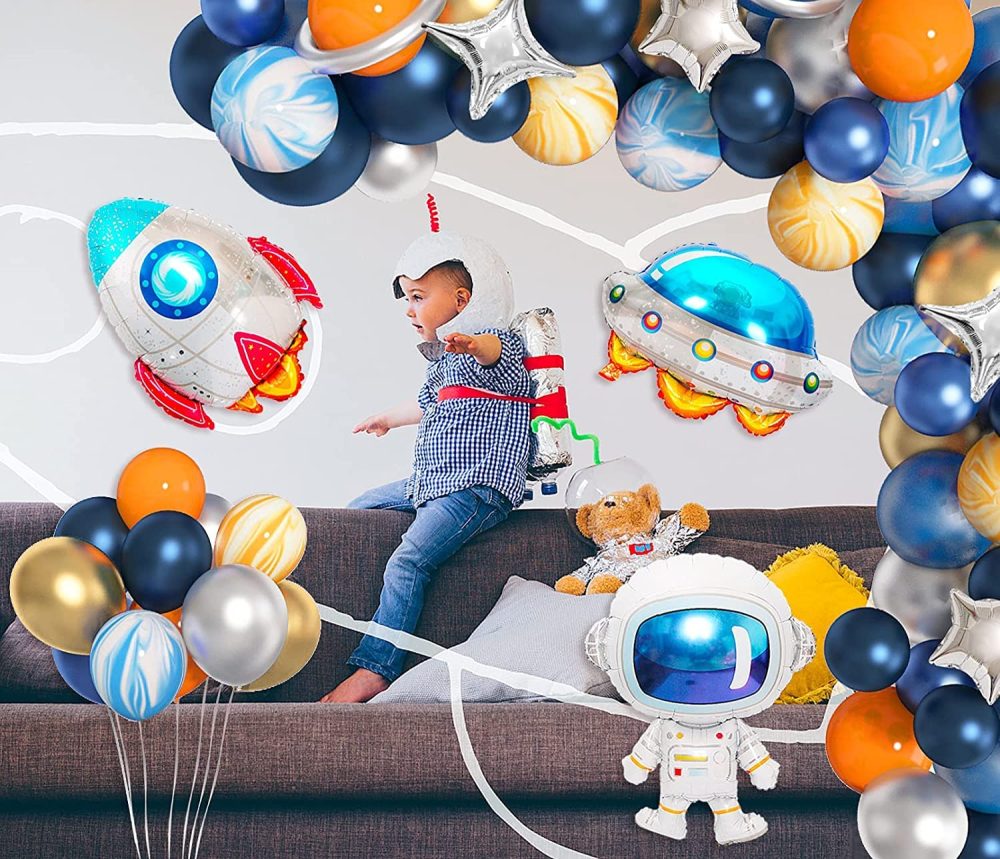112 PCS Outer Space Blue Balloons Arch Garland Kit, Space Astronaut Balloons Party Decorations UFO Rocket Navy Blue Orange Silver Foil Latex Balloons Party Supplies for Boys Kids Birthday Baby Shower - Image 3