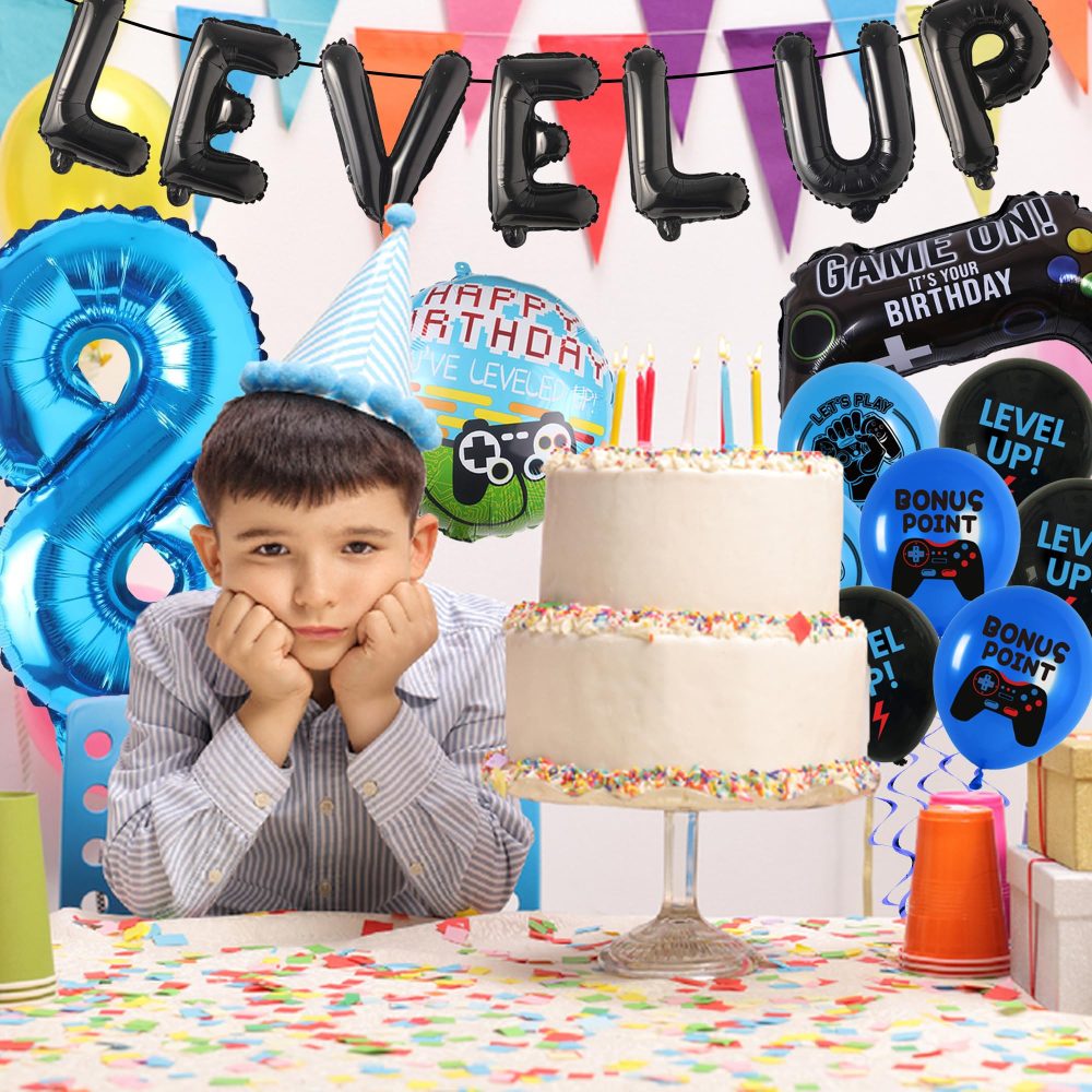 Blue 8th Video Game Balloon - 32 Pieces 8th Birthday Decorations Level Up Letter Number 8 Foil Balloon Game Controller Birthday Balloon Round Star Foil Balloon for Boy Video Game Birthday Decorations - Image 3