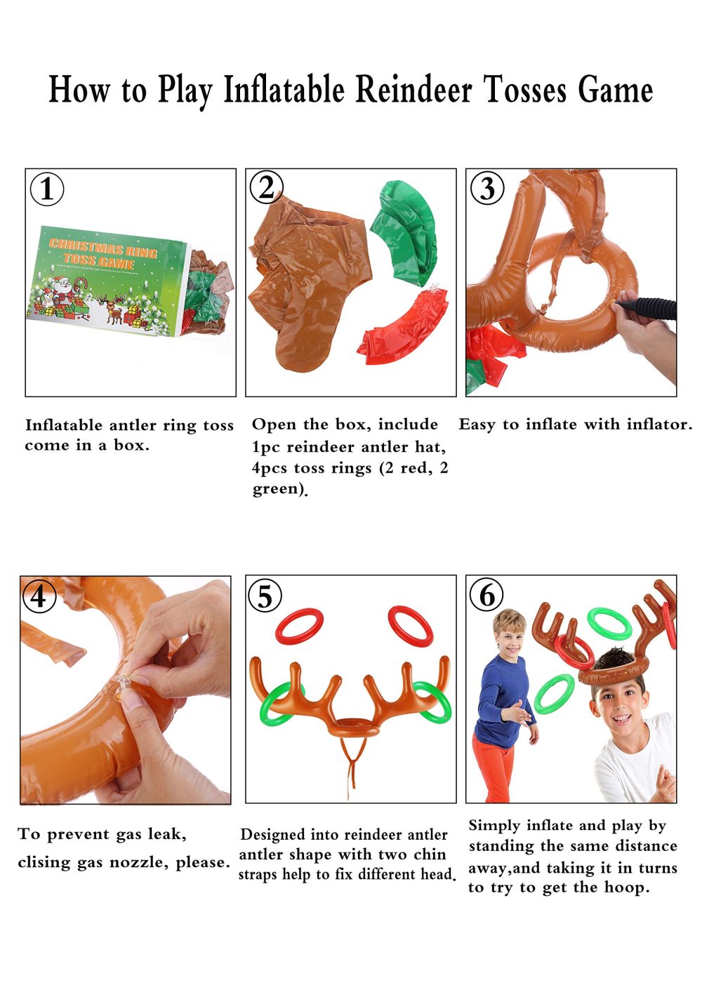 VEYLIN Christmas Party Toss Game Inflatable Reindeer Antler Hat with Rings for Kids Adults Family Xmas Fun Games - Image 2