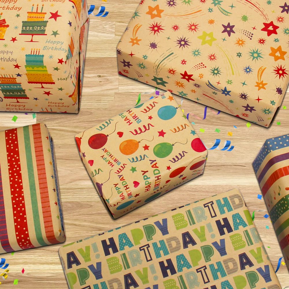 Wrapping Paper Birthday Wrapping Paper Sheets-Recyclable Birthday Gift Wrap Set with Tag String-Eco Gift Wrapping Paper Kraft Present Wrapping Paper Birhtday Paper Birthday Wrap for Men Women Girl Boy - Image 4