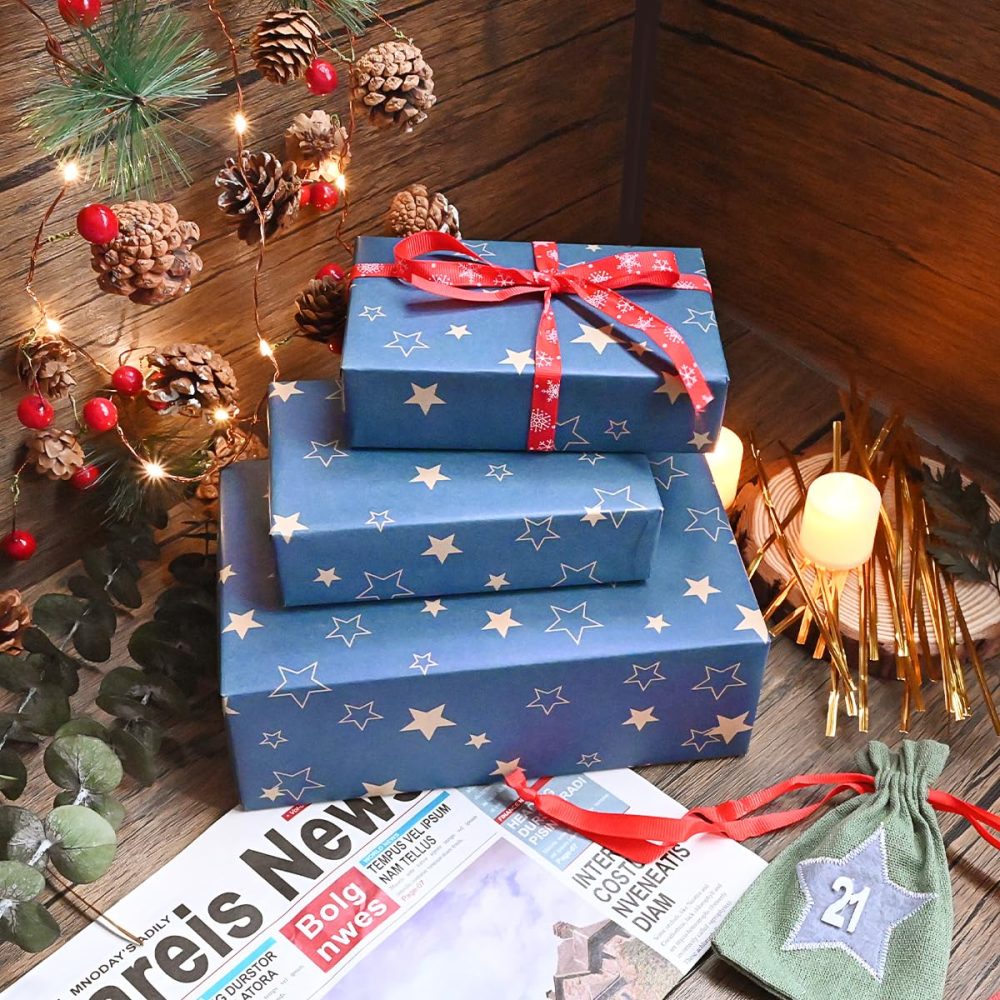 43cm*15m Blue Kraft Wrapping Paper Roll,Topeedy Star Recycle Gift Wrapping Paper for Xmas Birthday Halloween Graduation Festival -Star - Image 6