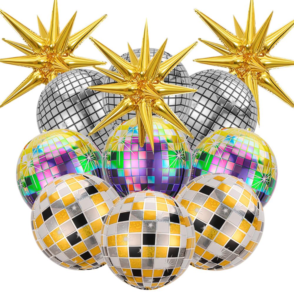 12Pcs Disco Ball Balloons,22Inch 4D Large Foil Disco Balloons with Gold Explosion Star Balloons for Birthday Bachelorette 70s 80s 90s Disco Theme Party Decorations