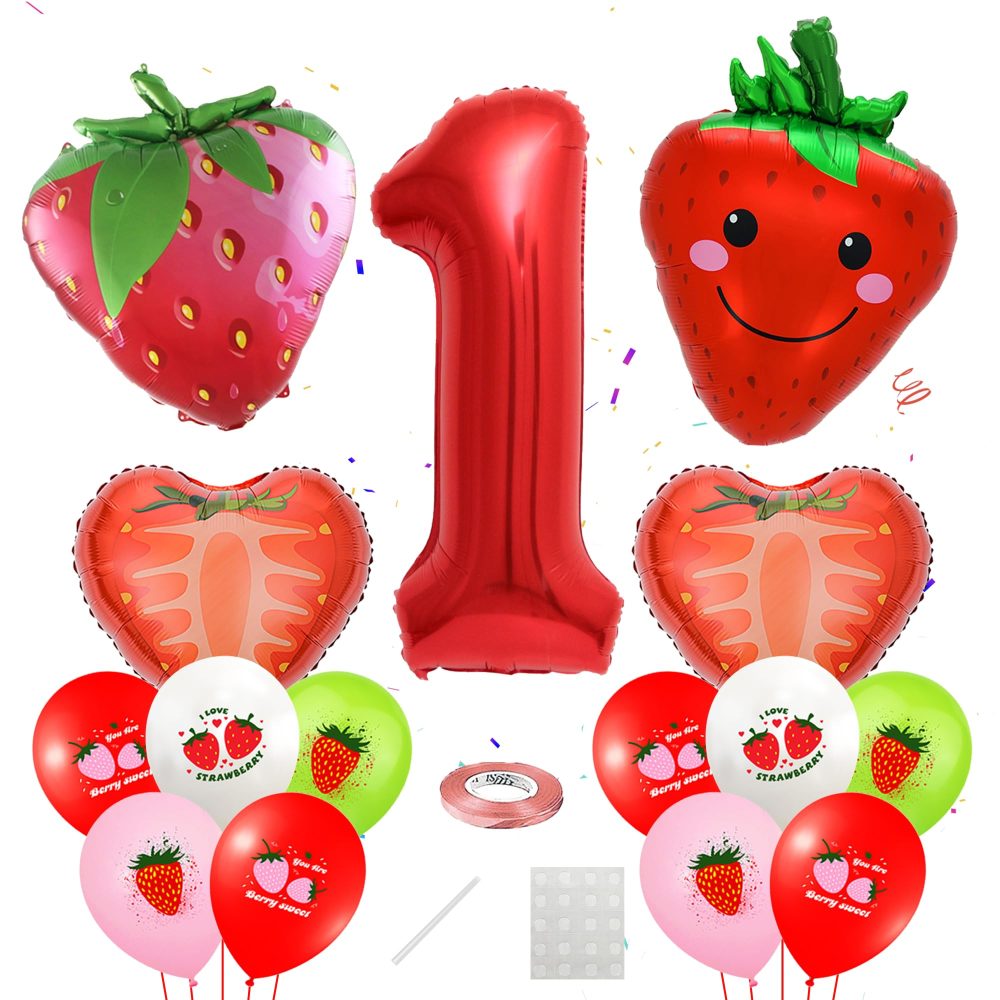 1st Strawberry Birthday Decoration Balloons - 15 Pieces 1st Birthday Decoration Number 1 Red Balloon Smile Heart Strawberry Balloons Latex Balloons for Boys Girls First Strawberry Party Decorations
