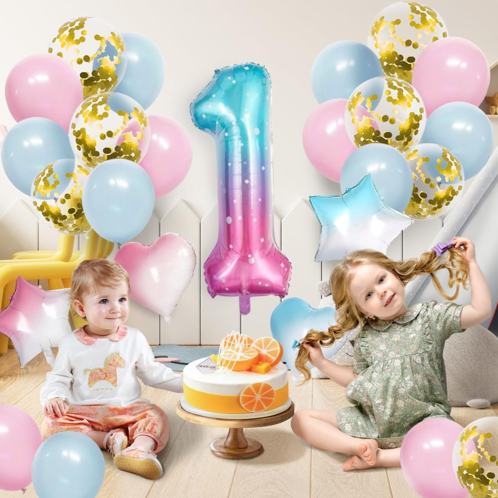 Jiusely Baby 1st Birthday Decorations for Girls 1st birthday balloons with Gradient Color Age 1 Happy Birthday Balloons for Girls Boys Number 1 balloons Love Balloons for Baby Shower Birthday Party - Image 3