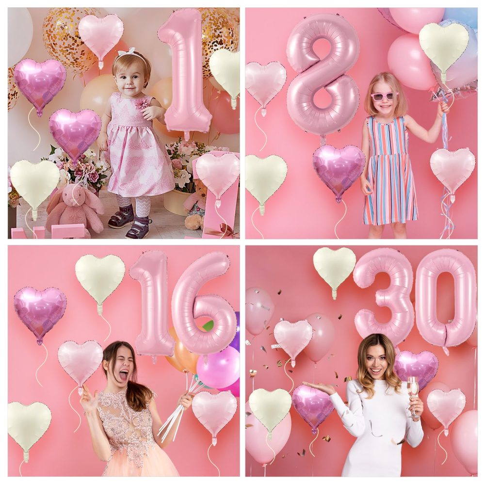 40 Inch Pink 1 Balloons, Large Light Pink Number One Balloon with Pastel Baby Pink Cream Foil Heart Balloons Helium for Girls 1st Birthday Party First One Year Baby Shower Princess Party Decorations - Image 3