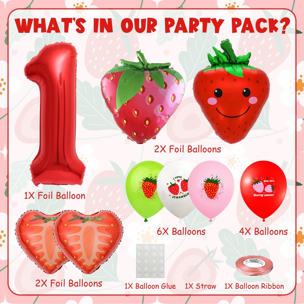 1st Strawberry Birthday Decoration Balloons - 15 Pieces 1st Birthday Decoration Number 1 Red Balloon Smile Heart Strawberry Balloons Latex Balloons for Boys Girls First Strawberry Party Decorations - Image 7