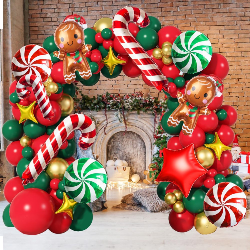 Christmas Balloon Arch Kit Red Green Gold Latex Balloons Garland Large Gingerbread Man Red Green Windmill Mini Crutch Foil Balloons with Four/Five Pointed Star for Xmas New Year Party Decortaion - Image 6