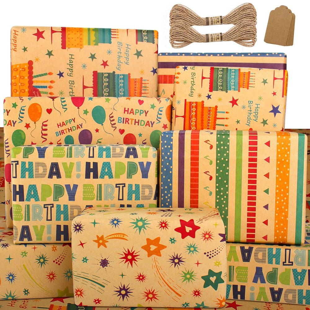 Wrapping Paper Birthday Wrapping Paper Sheets-Recyclable Birthday Gift Wrap Set with Tag String-Eco Gift Wrapping Paper Kraft Present Wrapping Paper Birhtday Paper Birthday Wrap for Men Women Girl Boy