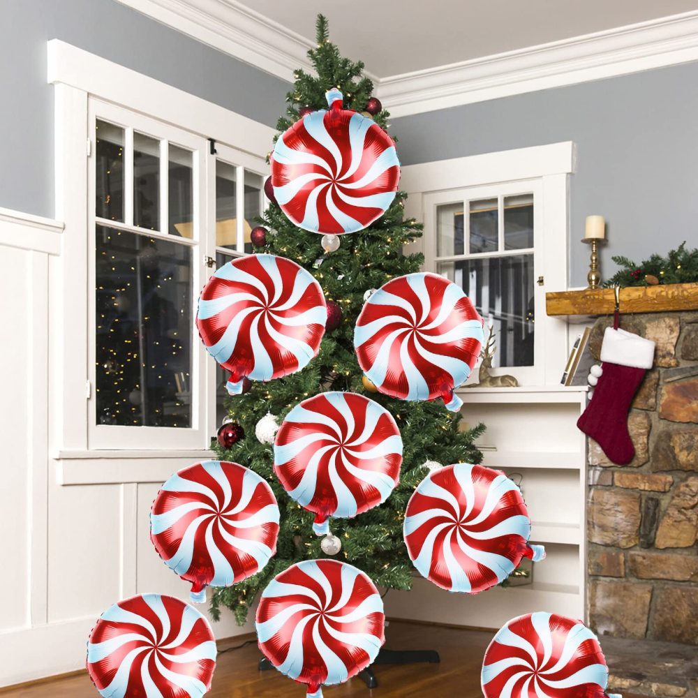 Christmas Foil Balloons, 9 Pieces 18 Inch Red Christmas Candy Round Swirl Mylar Foil Balloons with Ribbon, Large Xmas Candy Helium Balloons for New Year Holiday Candy Theme Birthday Party Decorations - Image 2